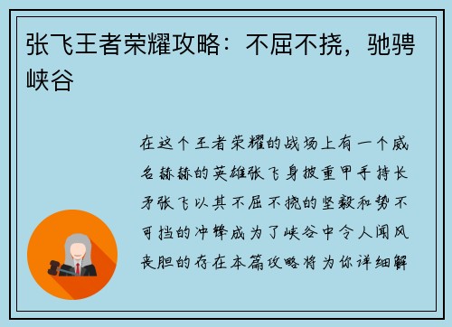 张飞王者荣耀攻略：不屈不挠，驰骋峡谷