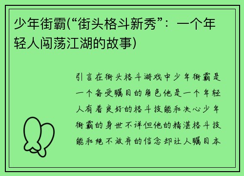 少年街霸(“街头格斗新秀”：一个年轻人闯荡江湖的故事)